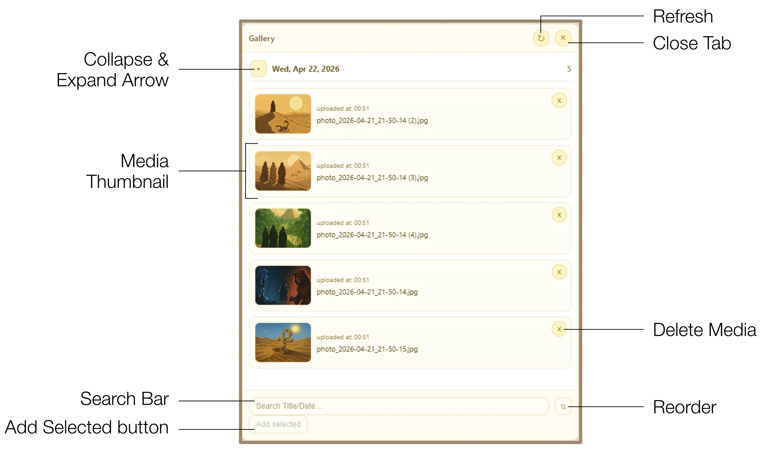 Gallery panel showing visual assets organized by upload date with search and selection tools